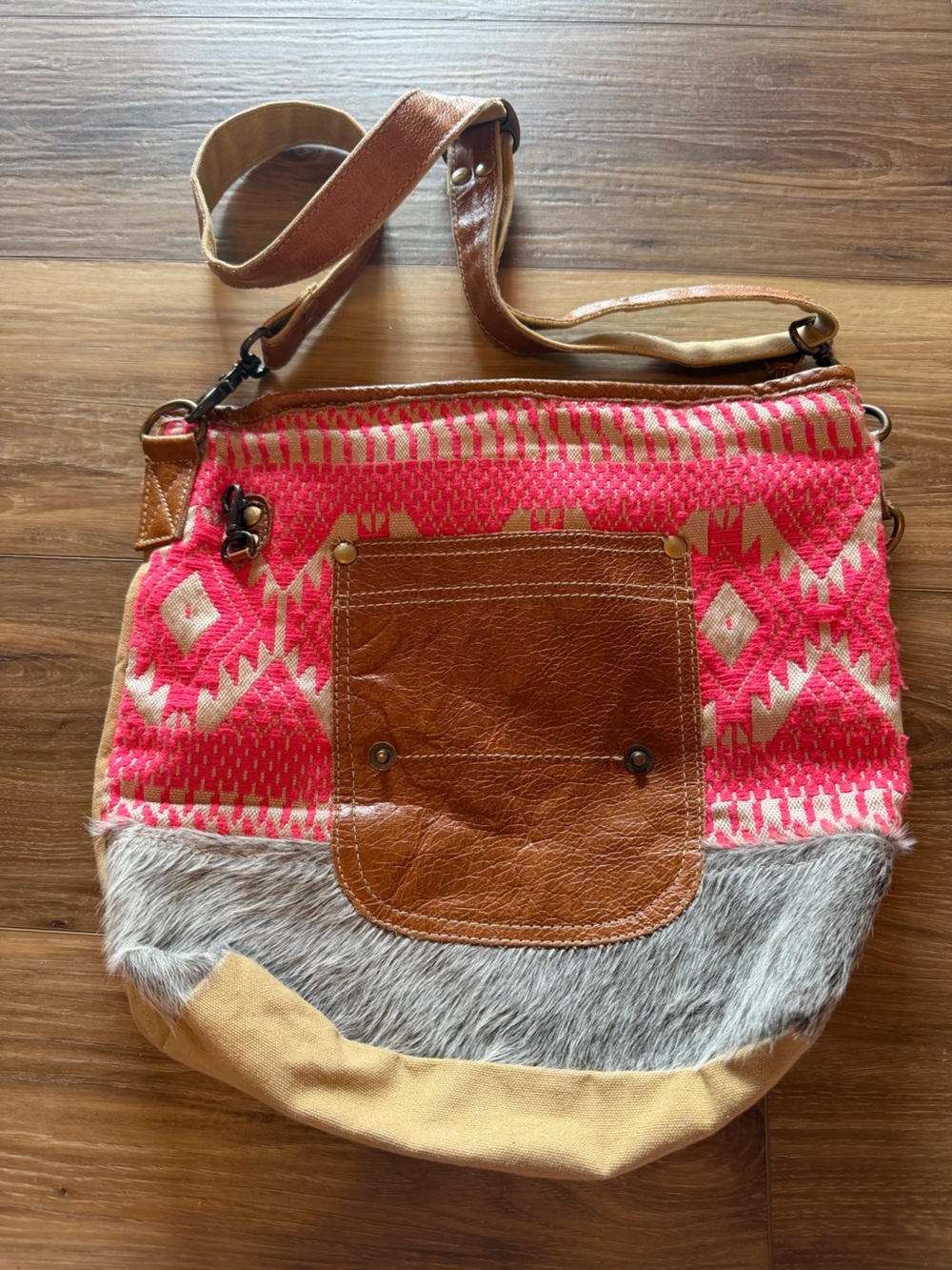 Myra Pink Aztec Crossbody Bag with Brown Leather Trim